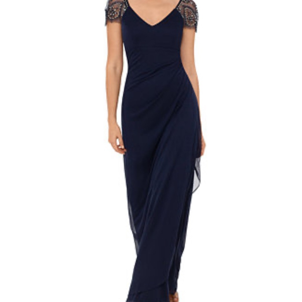 Xscape Navy Maxi Dress with Embellished Sleeves PERFECT FOR THE HOLIDAYS! 🎅🏻🎉
